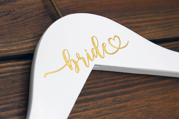 Bride Heart Gold Engraved Hanger, White Hanger with Gold Hook