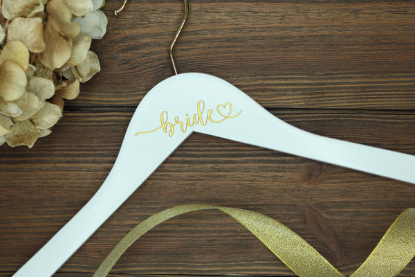 Bride Heart Gold Engraved Hanger, White Hanger with Gold Hook