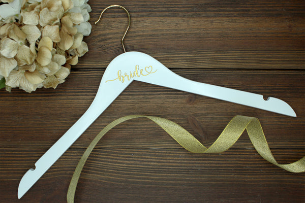 Bride Heart Gold Engraved Hanger, White Hanger with Gold Hook